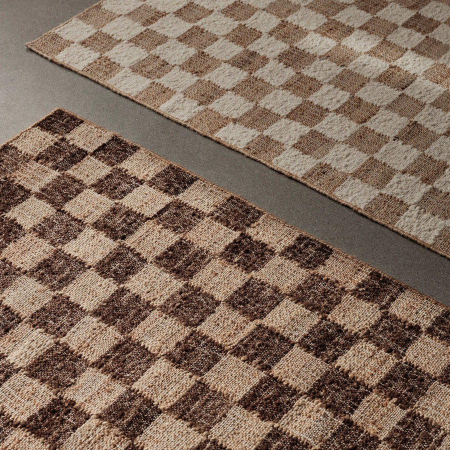 Check Wool Jute Rug, Coffee/Natural, 140 x 200cm by ferm LIVING, close-up of the woven check