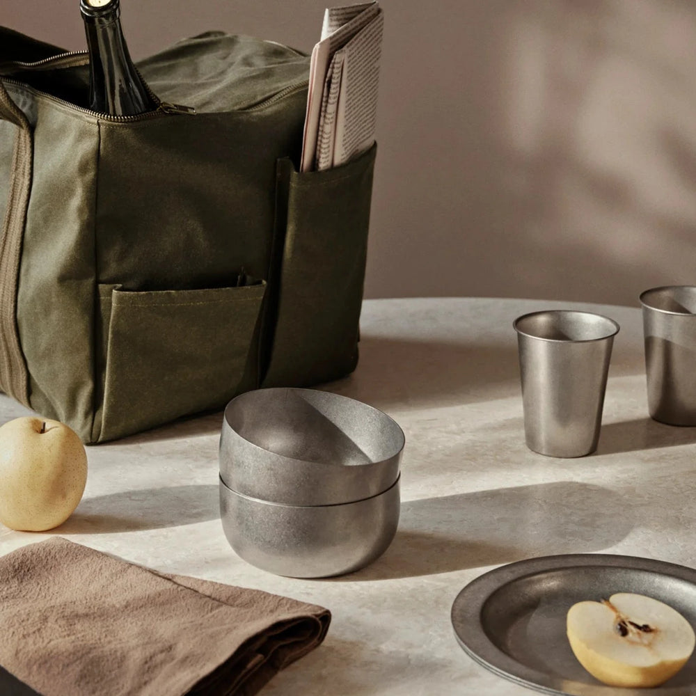 Tumbled Cup, Stainless Steel by ferm LIVING, holding utensils on a table