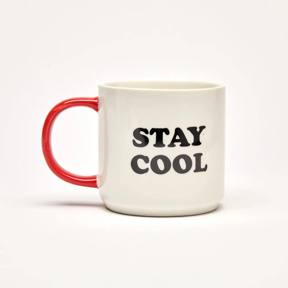 White Stay Cool mug with a red handle