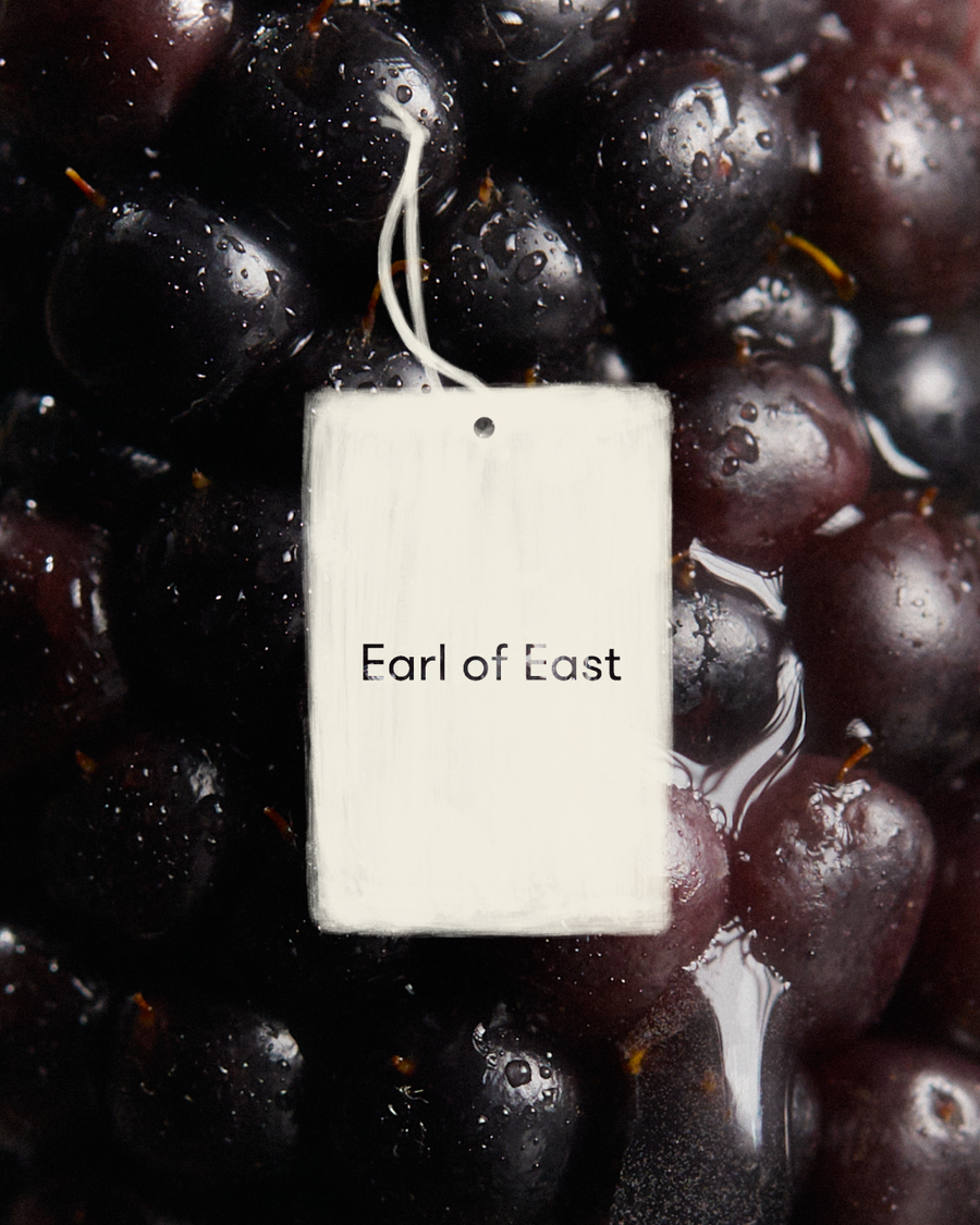 Jardin de la Lune Air Freshener by Earl of East, hanging against dark grapes