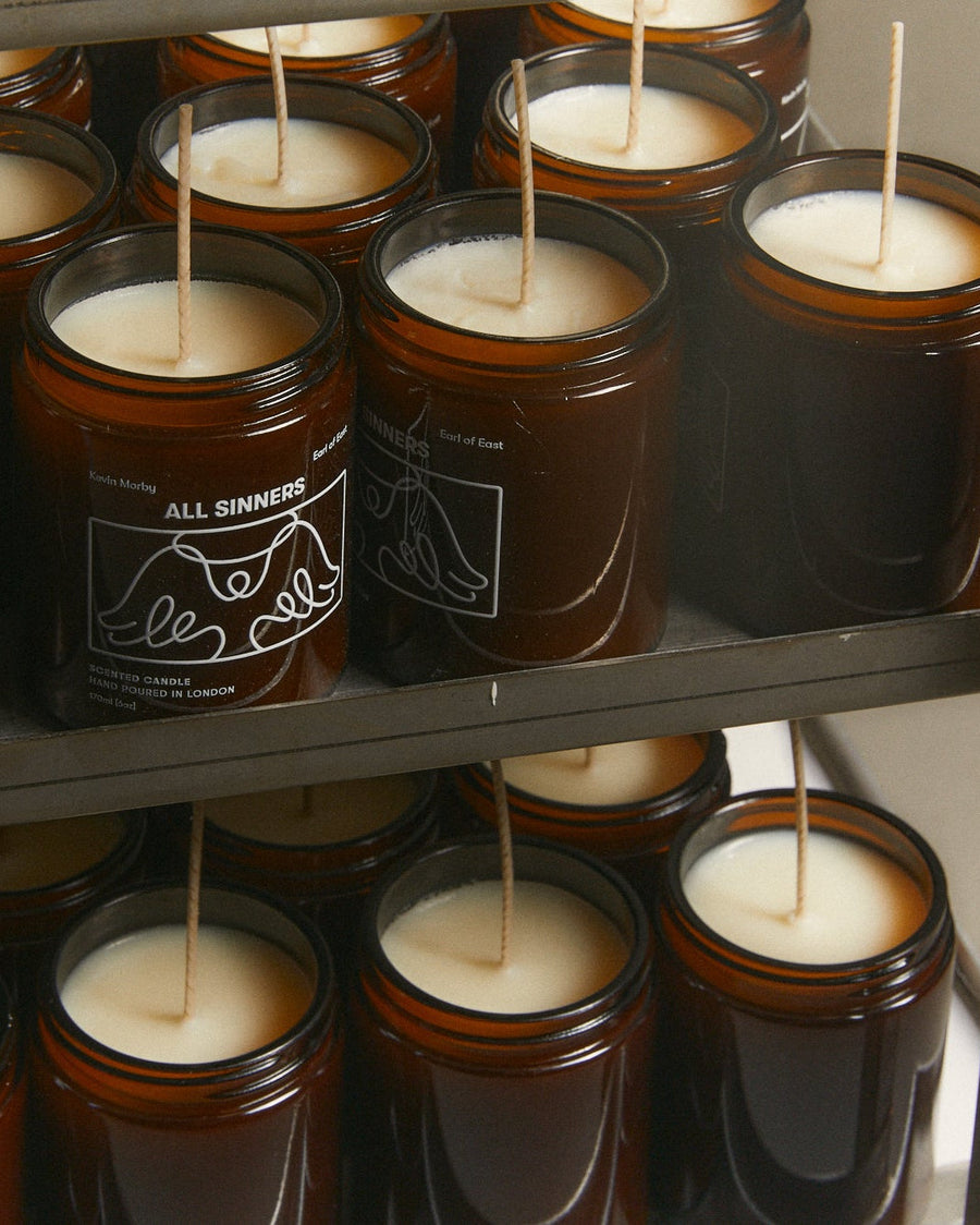 All Sinners, Soy Wax Candle, 170ml by Kevin Morby x Earl of East, rows of candles being poured
