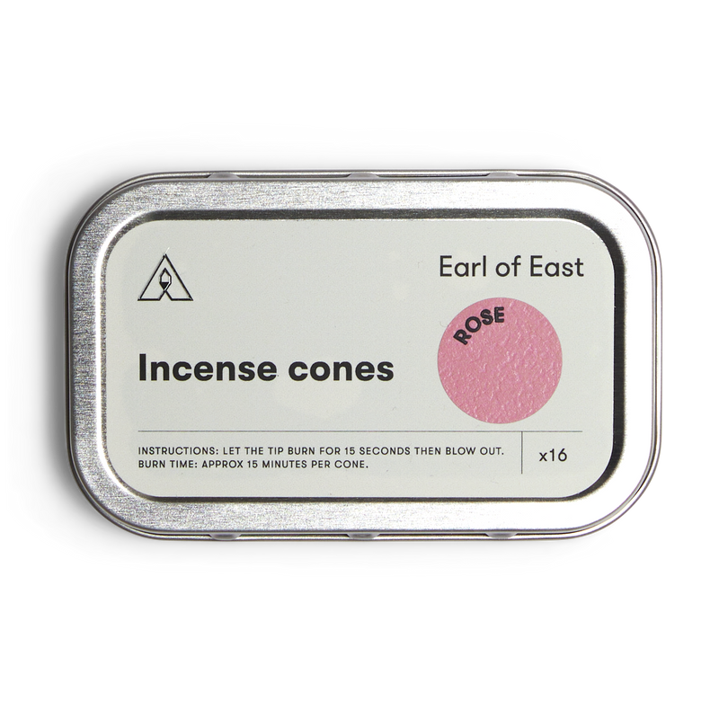 Incense Cones, Rose by Earl of East, in its aluminium tin 