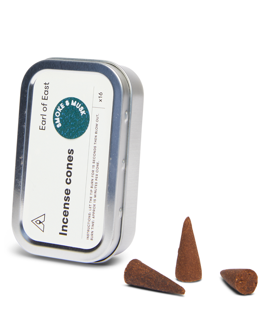 Smoke & Musk Incense Cones, Pack of 3 by Earl of East, tin open with cones beside it