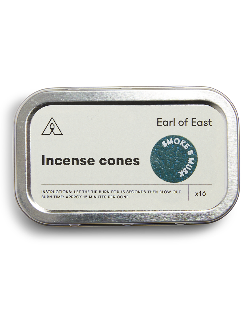 Smoke & Musk Incense Cones by Earl of East, in its aluminium tin