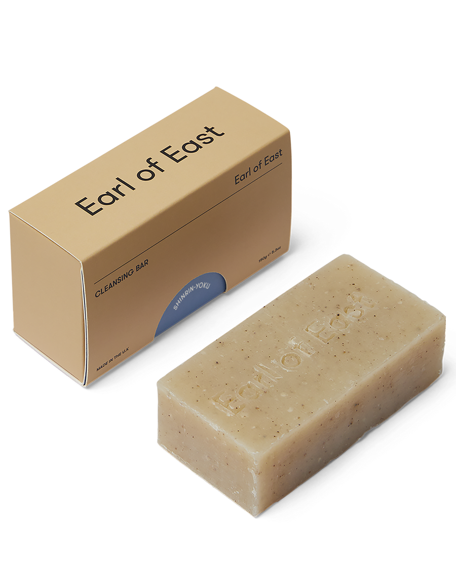 Earl of East Shinrin-Yoku Cleansing Soap Bar displayed with packaging, highlighting its 160g size and premium quality.