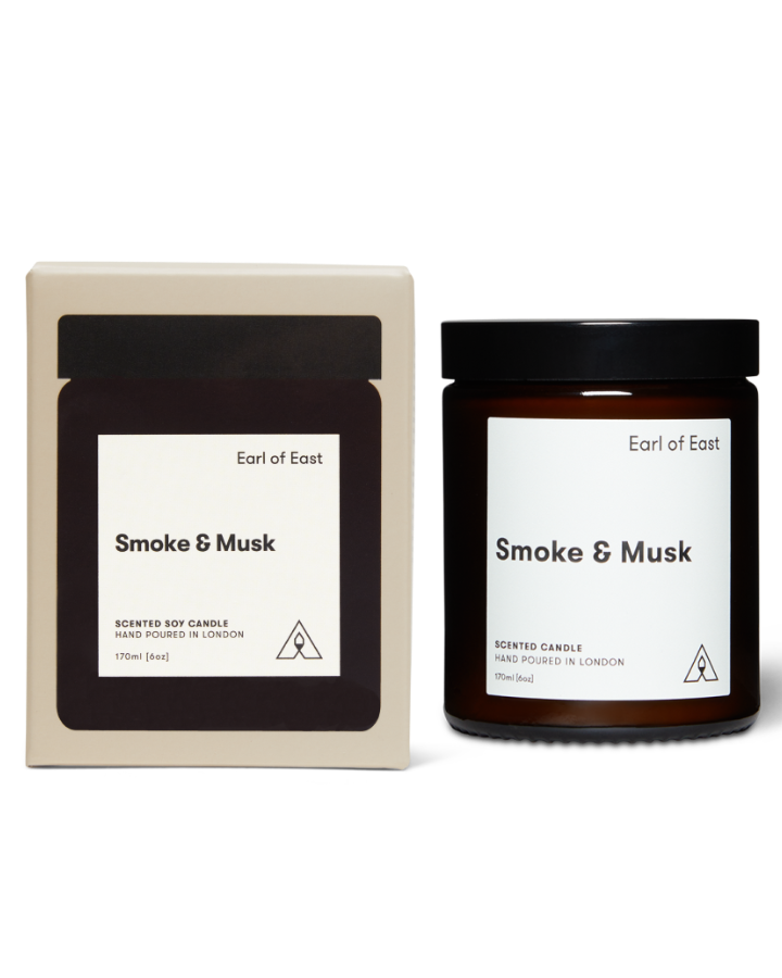 Smoke & Musk Scented Candle, 170ml [6oz] by Earl of East, with its box, on a plain background