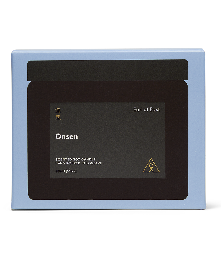 Onsen Large Scented Candle, 500ml by Earl of East, beside its blue box