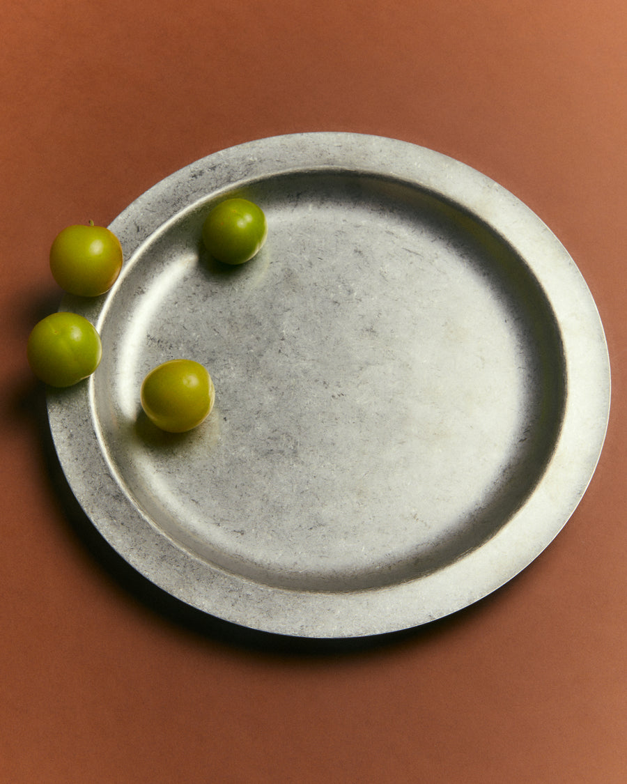 Medium Plate, Vintage Stainless Steel by Earl of East, holding olives on rust