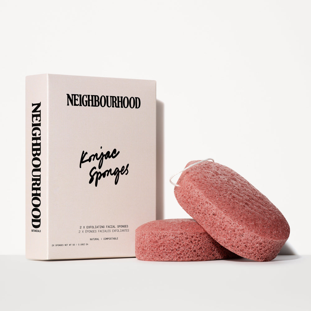 Exfoliating Facial Konjac Sponge, Pack of 2 by Neighbourhood Botanicals, beside its box