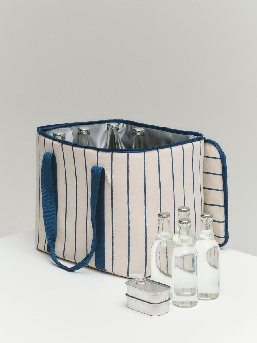 Outdoor Market Cooler Bag, Beige & Blue Stripe by HAY, packed with drinks