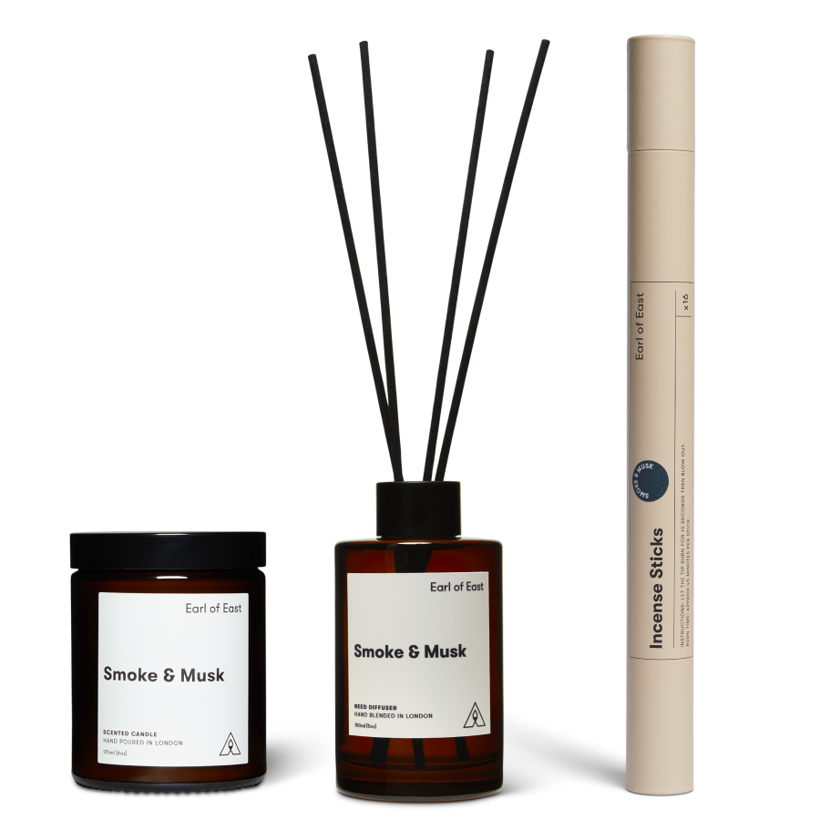 Smoke & Musk Scent Layering Set by Earl of East, with candle and incense sticks
