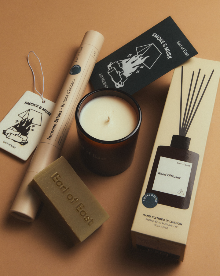 Smoke & Musk Signature Scent Bundle by Earl of East with candle, reed diffuser, incense sticks, cleansing bar soap and air freshener