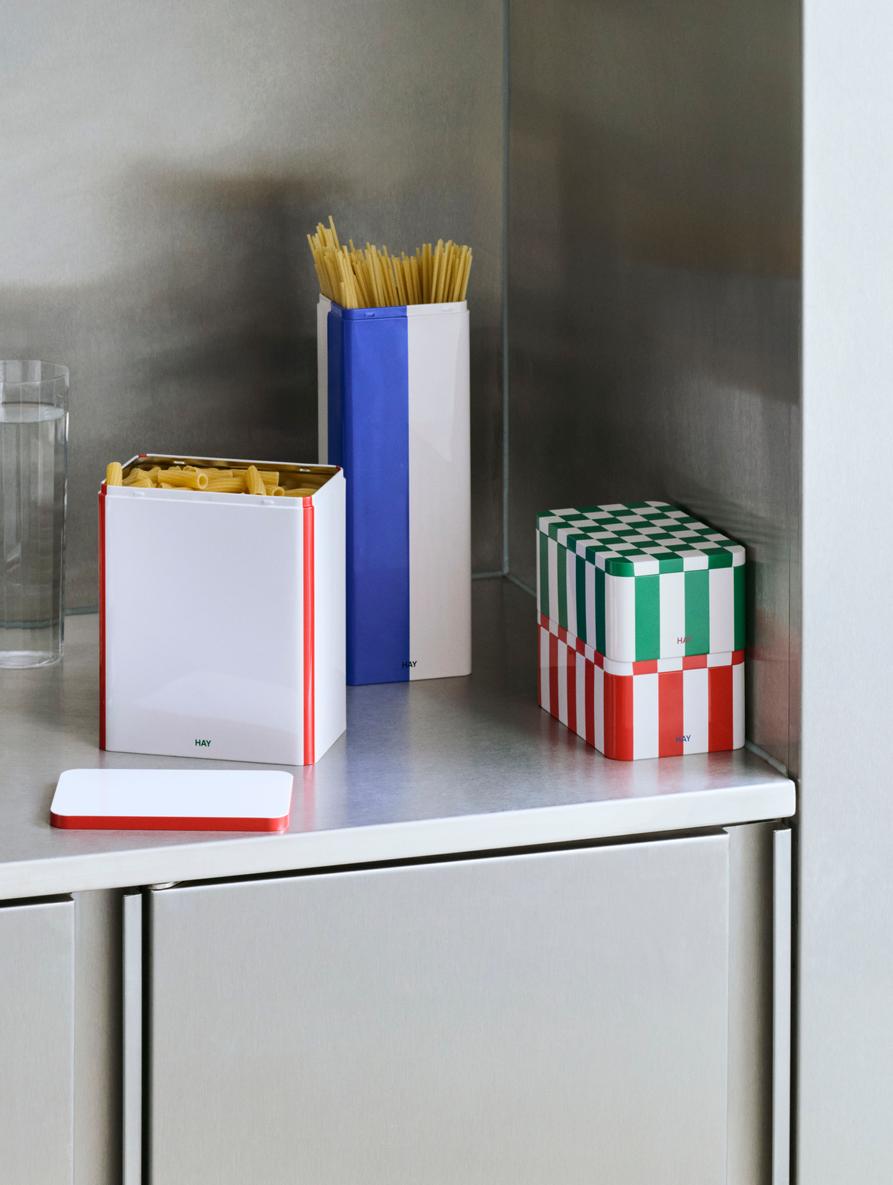 Tin Container, Slim, Blue and Off-White by HAY, on a steel shelf