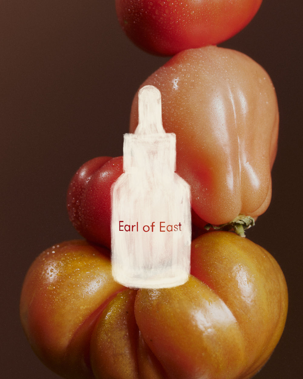 Greenhouse Fragrance Oil Blend, 30ml by Earl of East, hanging against stacked heirloom tomatoes