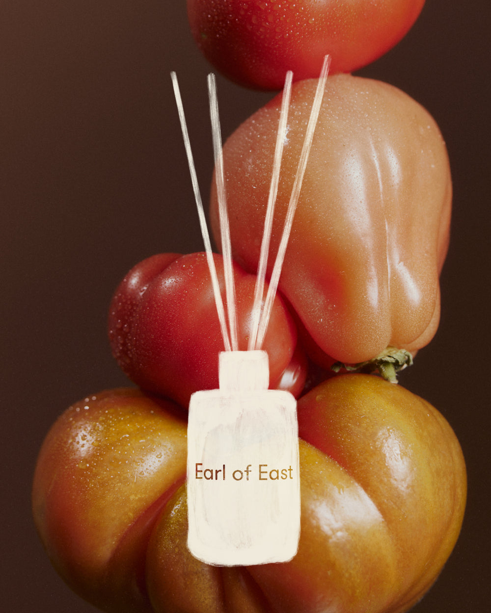 Greenhouse Reed Diffuser, 150ml by Earl of East, against stacked heirloom tomatoes