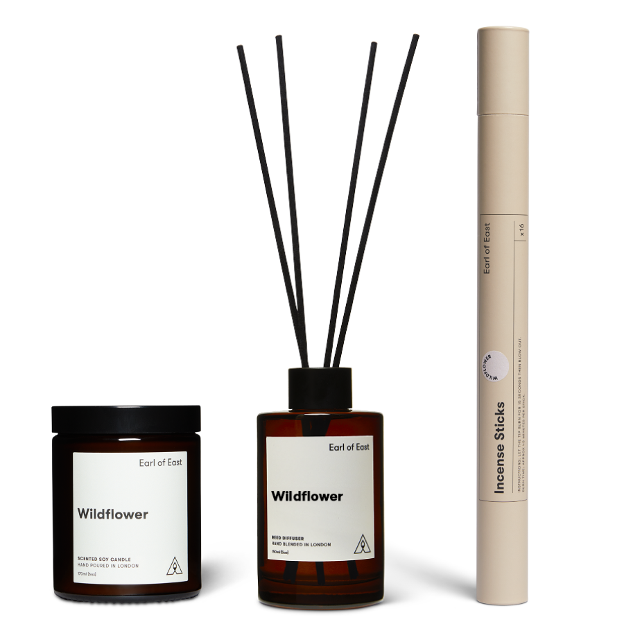 Wildflower Scent Layering Set by Earl of East, with candle and incense sticks