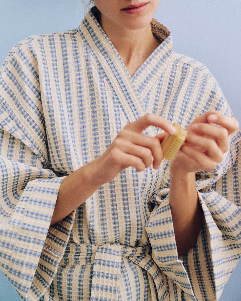 Waffle Bathrobe, Stripe, Dusty Blue by HAY, worn