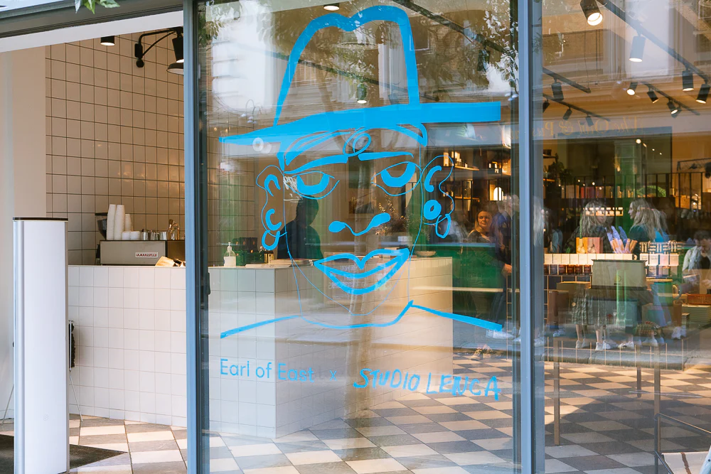 Earl of East shopfront with a blue logo on the glass