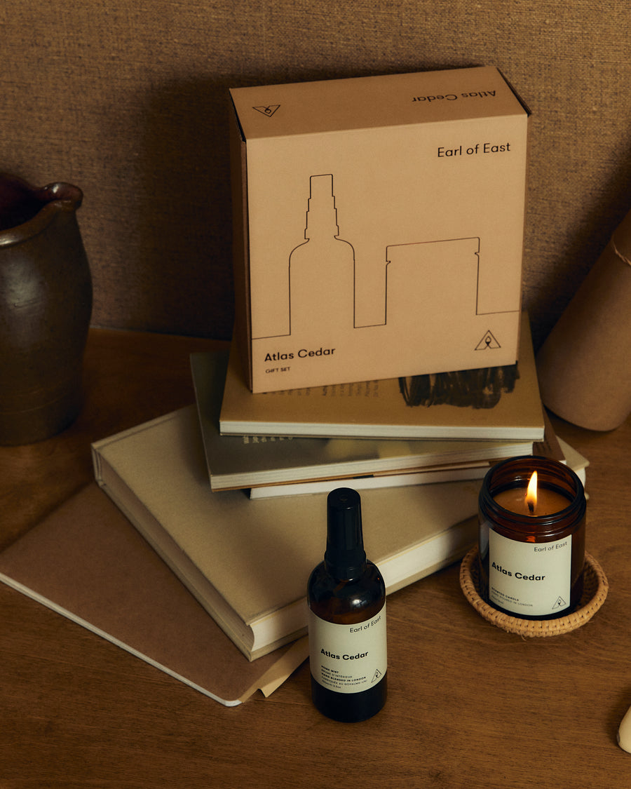 Atlas Cedar Duo Gift Set styled as a woody fragrance gift set