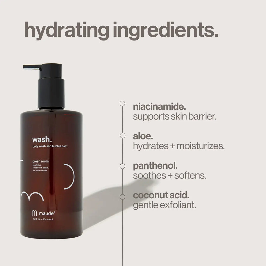 Green Room Body Wash & Bubble Bath, 12 oz by Maude, with ingredient callouts