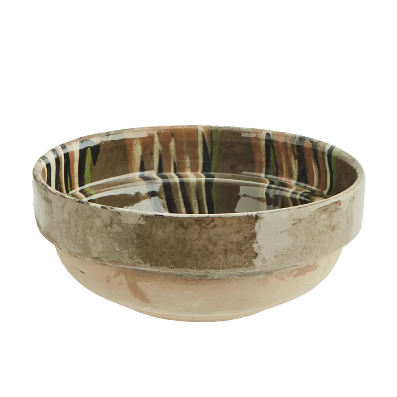  Hand-glazed bowl with green and orange swirls 