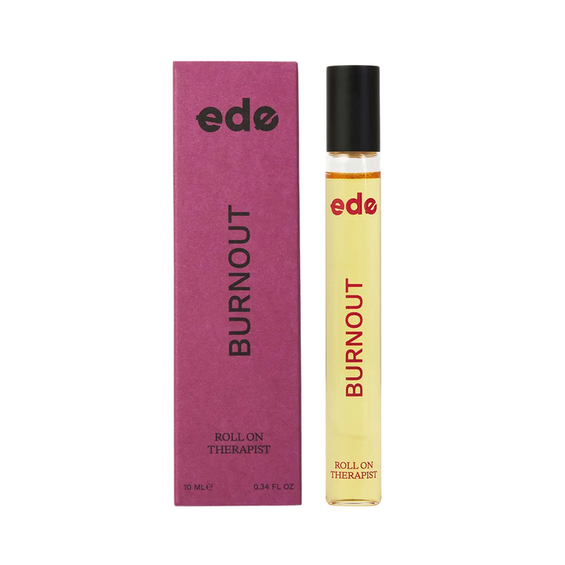 Burnout Roll On Therapist, Aromatherapy Fragrance by ede, beside its pink box 