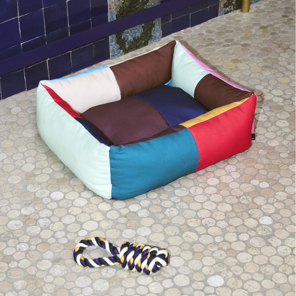 Dogs Bed with Zipper, Small, Multi by HAY, with a rope toy on a tiled floor