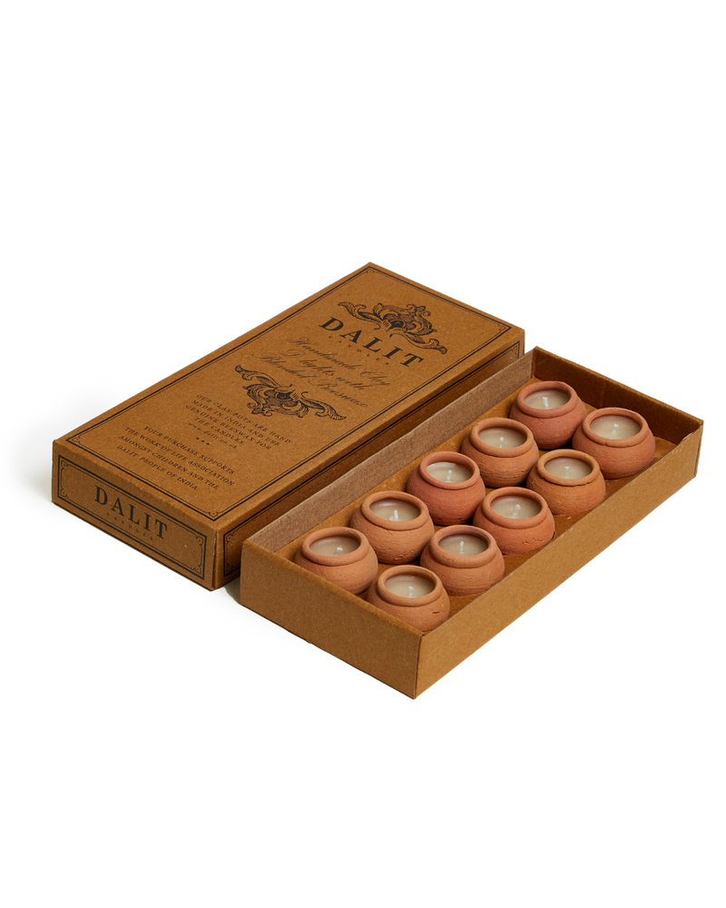  Handmade Terracotta Beeswax Tea Lights, Box of 10 by Dalit Goods Co, in its wooden box 