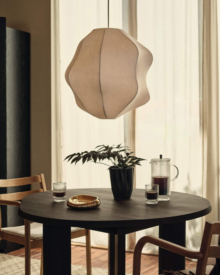 Dedali Vase, Medium / H18, Dark Brown by ferm LIVING, on a dining table under a paper lamp