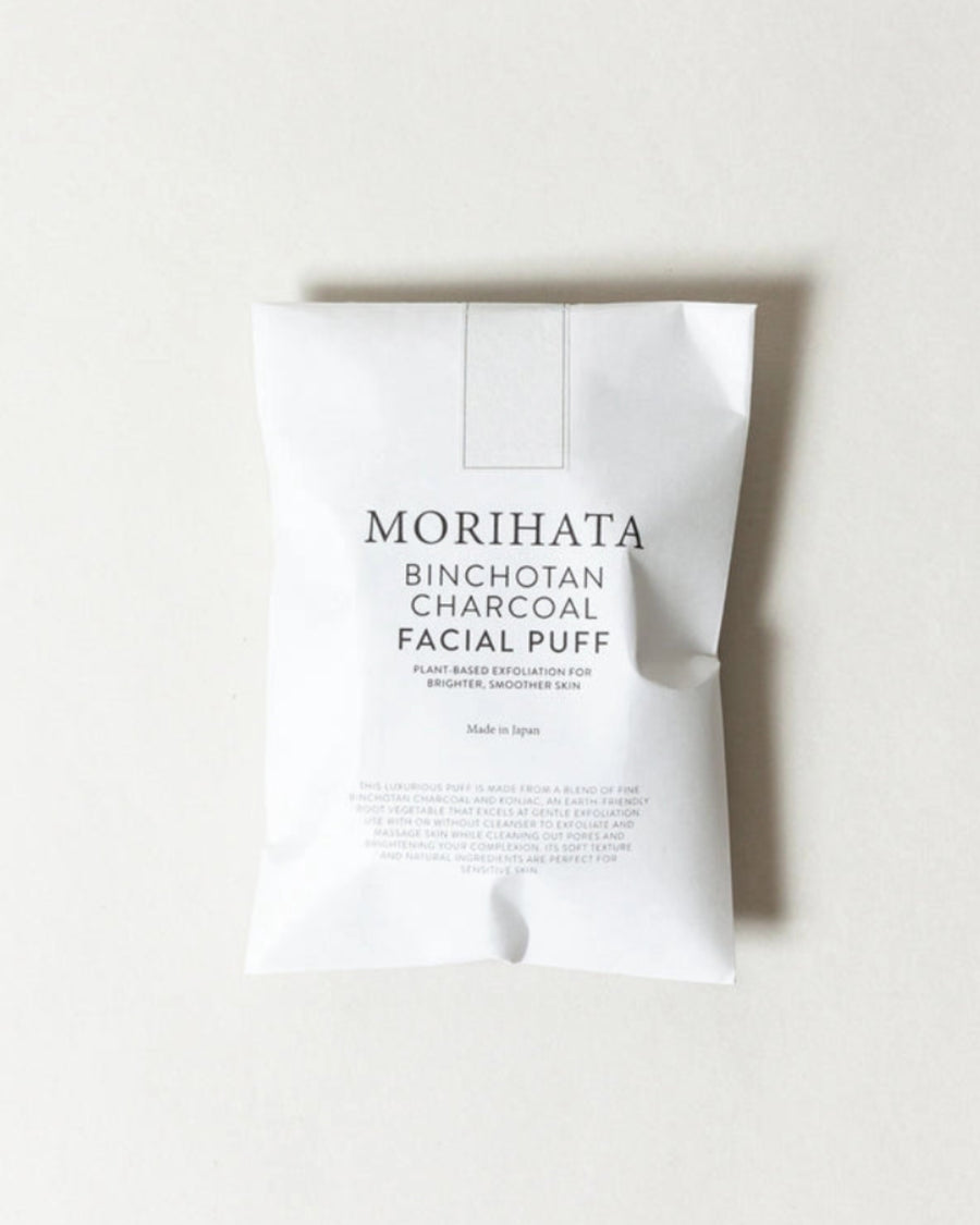 Binchotan Charcoal Facial Puff by Morihata, in its packaging