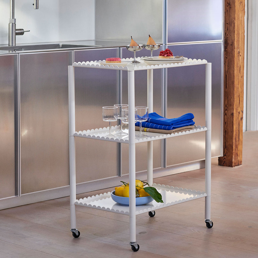 Arcs Trolley, High, Eggshell by HAY, holding bathroom essentials in a white room