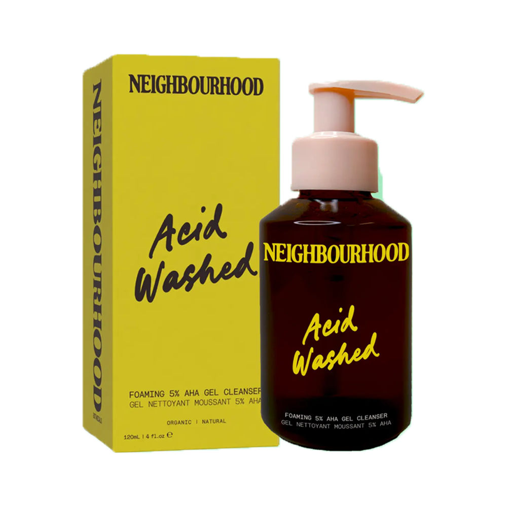Acid Washed Foaming Aha Facial Cleanser, 120ml by Neighbourhood Botanicals, beside its yellow box