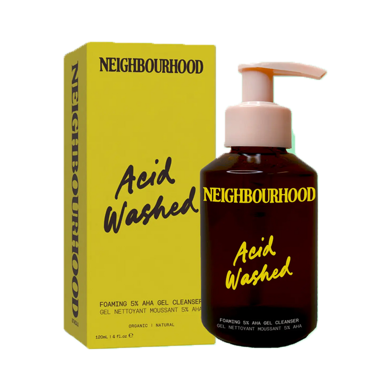  Acid Washed Foaming Aha Facial Cleanser, 120ml by Neighbourhood Botanicals, beside its yellow box 