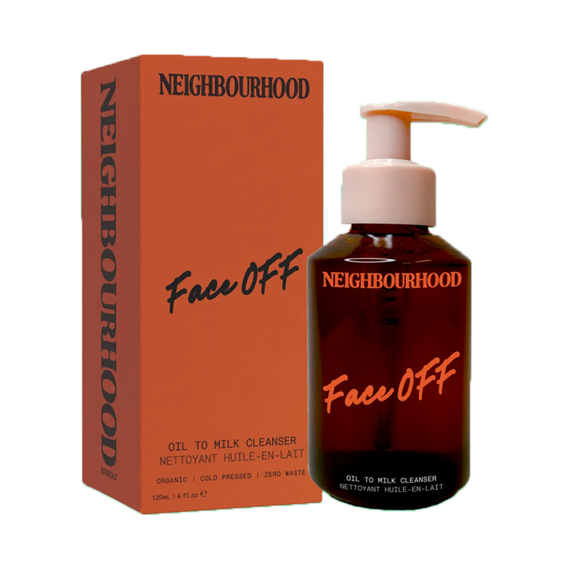  Face Off Oil to Milk Face Cleanser, 120ml by Neighbourhood Botanicals, beside its orange box 