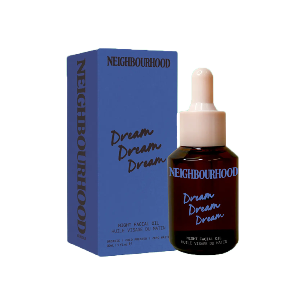 Dream Dream Dream Nightly Facial Oil, 30ml by Neighbourhood Botanicals, beside its blue box