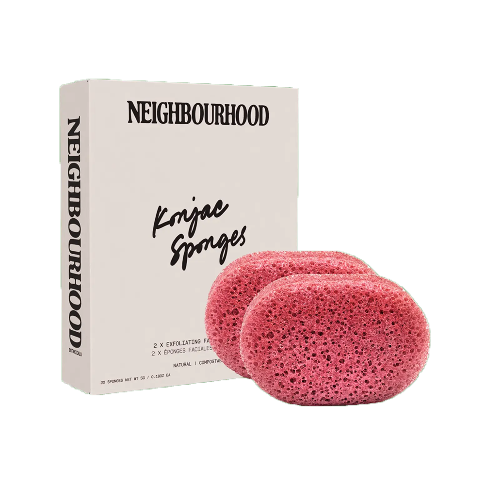 Exfoliating Facial Konjac Sponge, Pack of 2 by Neighbourhood Botanicals, beside its box
