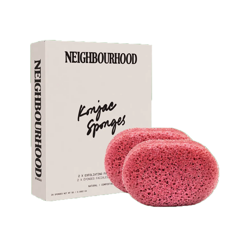  Exfoliating Facial Konjac Sponge, Pack of 2 by Neighbourhood Botanicals, beside its box 
