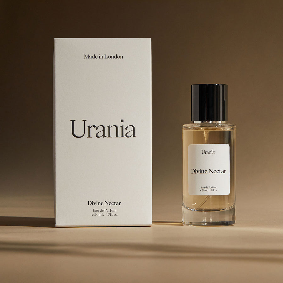 Divine Nectar Eau de Parfum, 50ml by Urania, beside its box