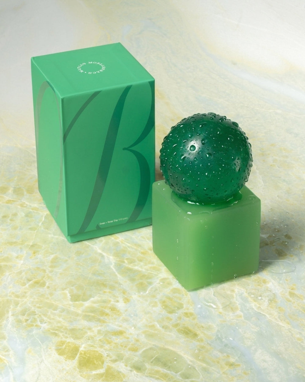 OBA Soap & Tray Set, Aloe Vera by Matias Moellenbach, on green marble