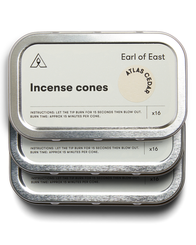 Atlas Cedar Incense Cones Set of 3 by Earl of East with three recyclable aluminium tins