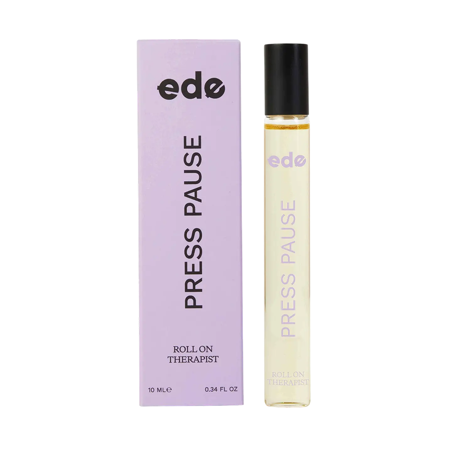 Press Pause Roll On, Aromatherapy Fragrance by ede, beside its orange box