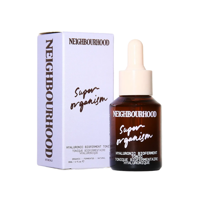  ‘Superorganism’ Hyaluronic Bioferment Tonic, 30ml by Neighbourhood Botanicals, beside its box 