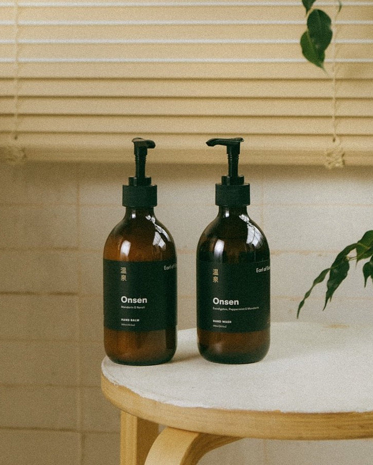 Onsen Hand Cleansing Kit by Earl of East, on a wooden ledge
