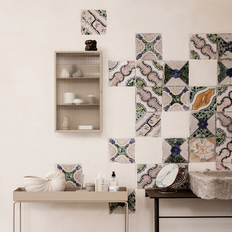 Haze Wall Cabinet, Reeded Glass, Cashmere by ferm LIVING, on a tiled wall