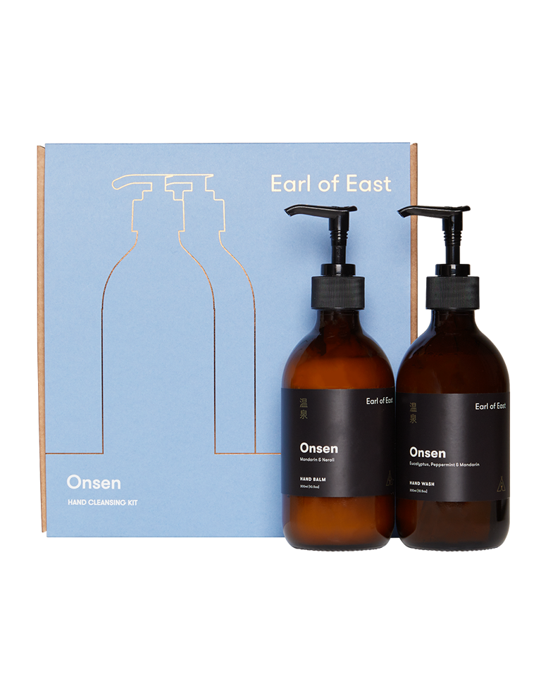  Onsen Hand Cleansing Kit by Earl of East with hand wash and hand balm in amber glass pump bottles. 
